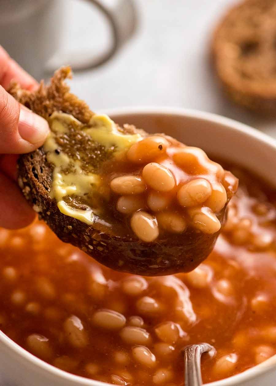 Close up of bread with homemade Heinz baked beans