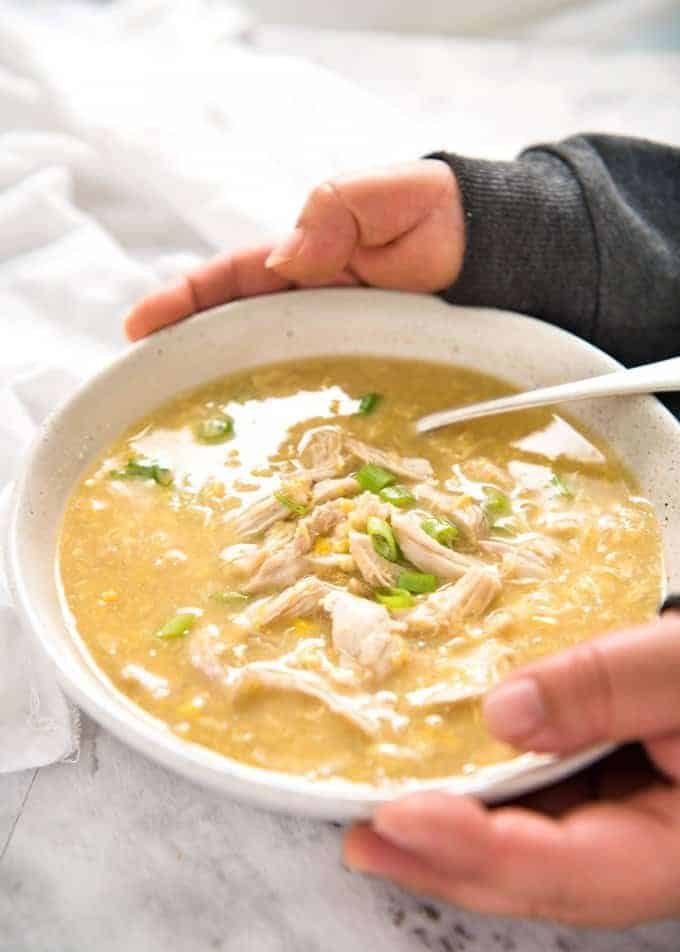 This Chinese Corn Soup with Chicken takes just 15 minutes to make - with no chopping! It's just like what you get at Chinese restaurants! recipetineats.com