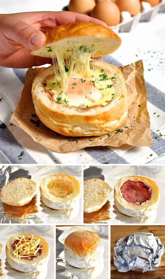 Closeup of No Washing Up Ham, Egg & Cheese Bread Bowls with lifted lid, and process photos