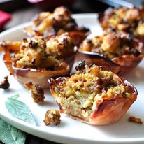 Pork Sausage Apple Stuffing in Pancetta Cups (Muffin Tin) on a white plate.