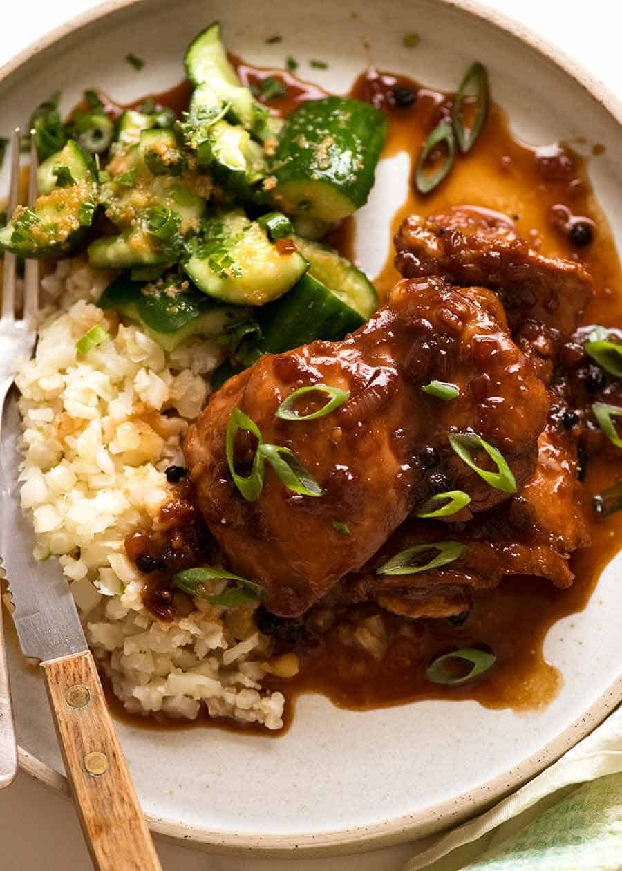 Filipino Chicken Adobo with cauliflower rice and smashed cucumbers side dish