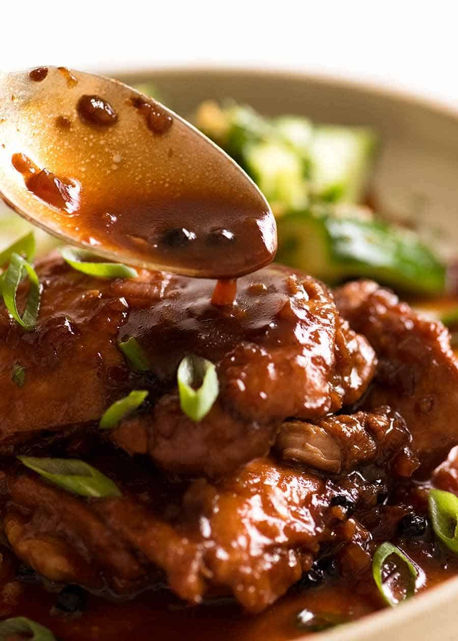 Close up of stick Filipino Chicken Adobo sauce