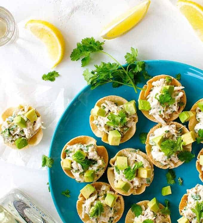Spicy Little Muffin Tin Chicken Tostadas on a blue plate