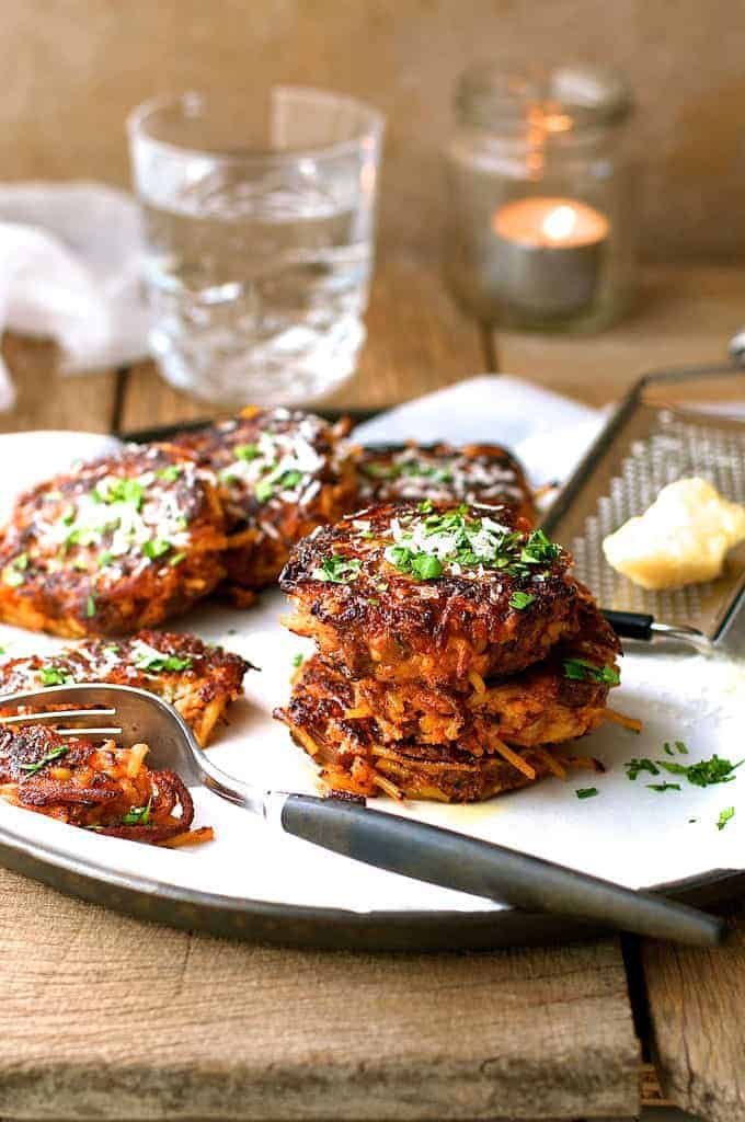 A pile of Leftover Pasta Fritters with fork