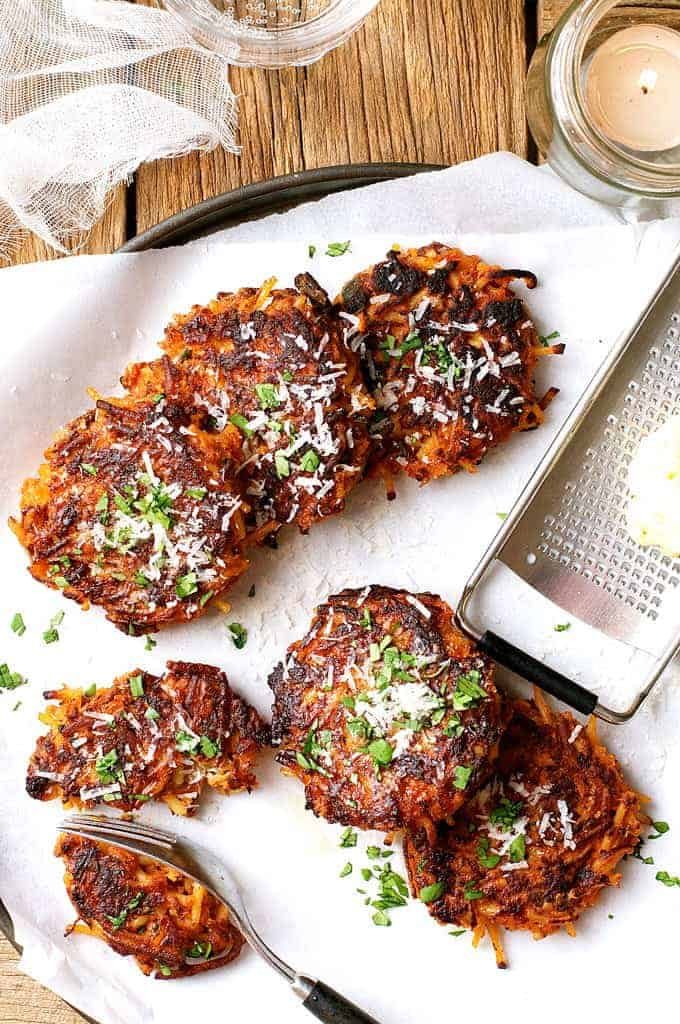 Overhead shot of Leftover Pasta Fritters on white baking paper