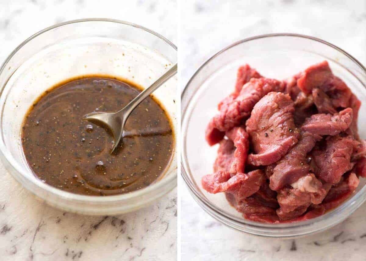 Sauce for Chinese Beef and Broccoli in a glass bowl, alongside beef being marinated.