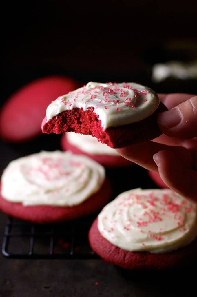 Closeup of Red Velvet Cookies with Cream Cheese Frosting