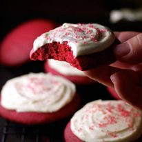 Closeup of Red Velvet Cookies with Cream Cheese Frosting