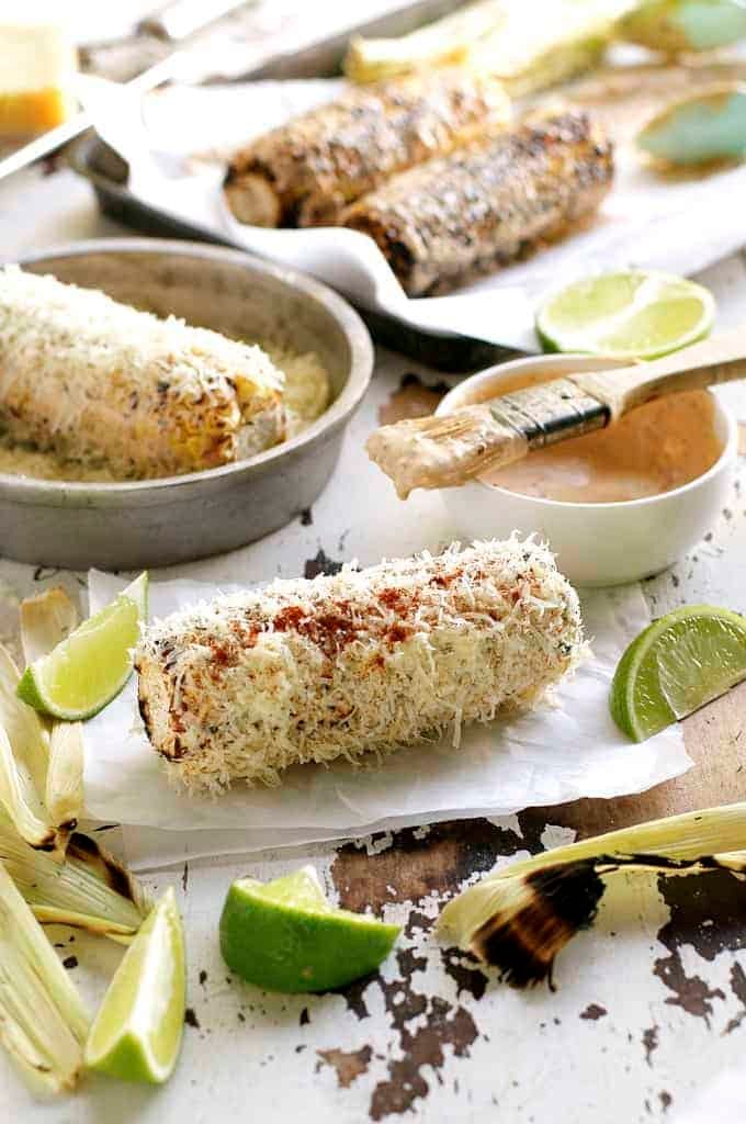 Table with Grilled Mexican Corn and Chipotle Adobo Mayo