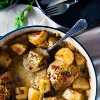 Honey Mustard Baked Chicken with Roast Potatoes and Bacon - all made in one pan! Easy enough for midweek, fancy enough for a dinner party!