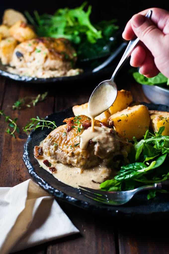 Baked Honey Mustard Chicken with Roast Potatoes and Bacon - all made in one pan! Easy enough for midweek, fancy enough for a dinner party! recipetineats.com