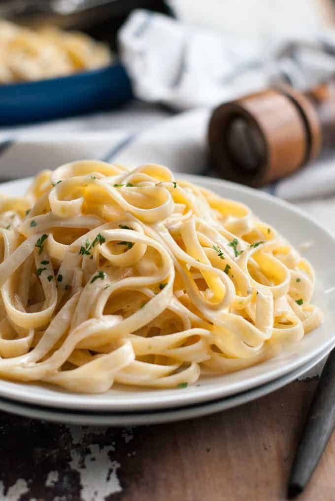 Fettuccine Alfredo on a white plate