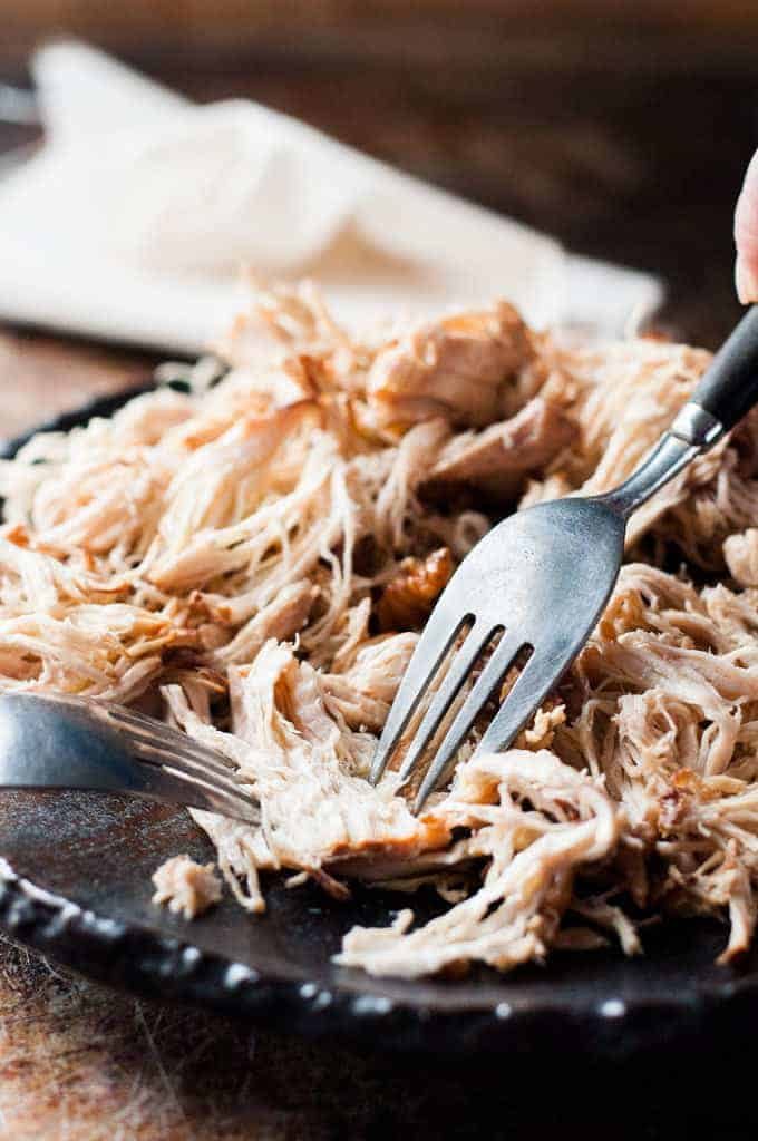 Sweet Soy Shredded Chicken - 5 minutes prep, make this in the slow cooker, stove or even a pressure cooker! Tossed in an Asian style sticky sauce.