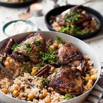 One Skillet Baked Chicken Shawarma and Rice - two Middle Eastern favorites made in one skillet! Chicken Shawarma with punchy flavours and a delicately fragrant rice pilaf with chickpeas.