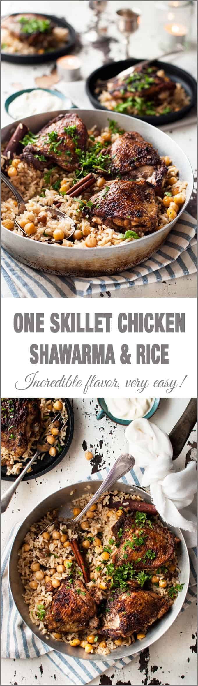 One Skillet Baked Chicken Shawarma and Rice - two Middle Eastern favorites made in one skillet! Chicken Shawarma with punchy flavours and a delicately fragrant rice pilaf with chickpeas.