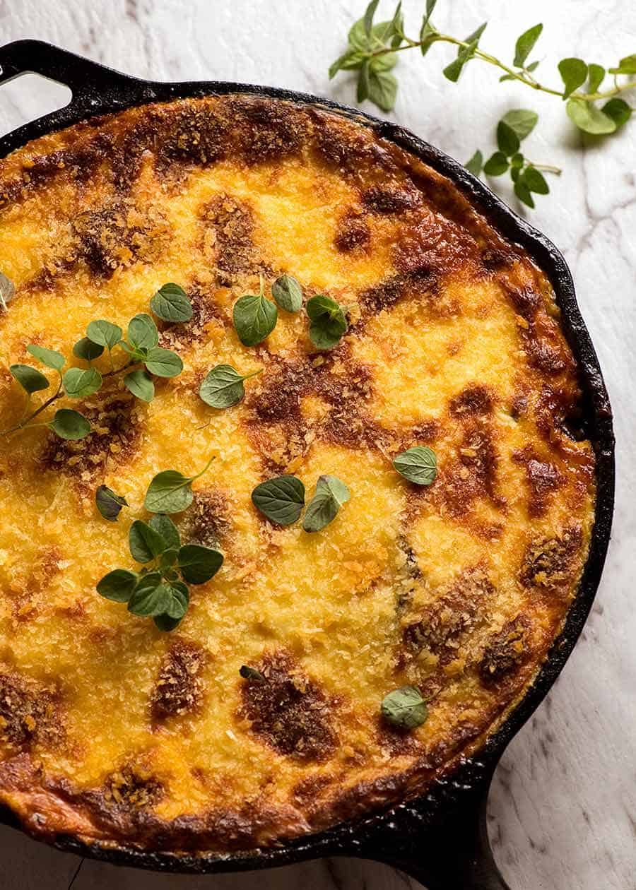 Overhead photo of Moussaka, fresh out of the oven, ready to be served