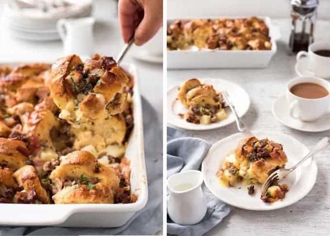 Sausage and Bacon Country Breakfast Casserole in a white dish, ready to be served.