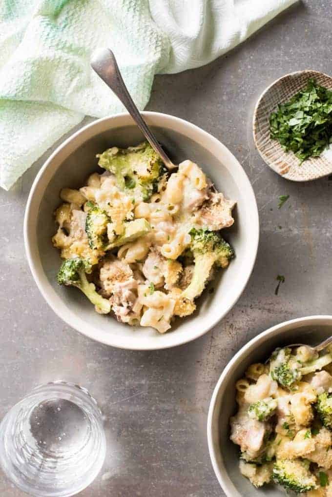 Baked Macaroni and Cheese with Chicken & Broccoli - Made in one pot, cheesy and creamy but made without a drop of cream!