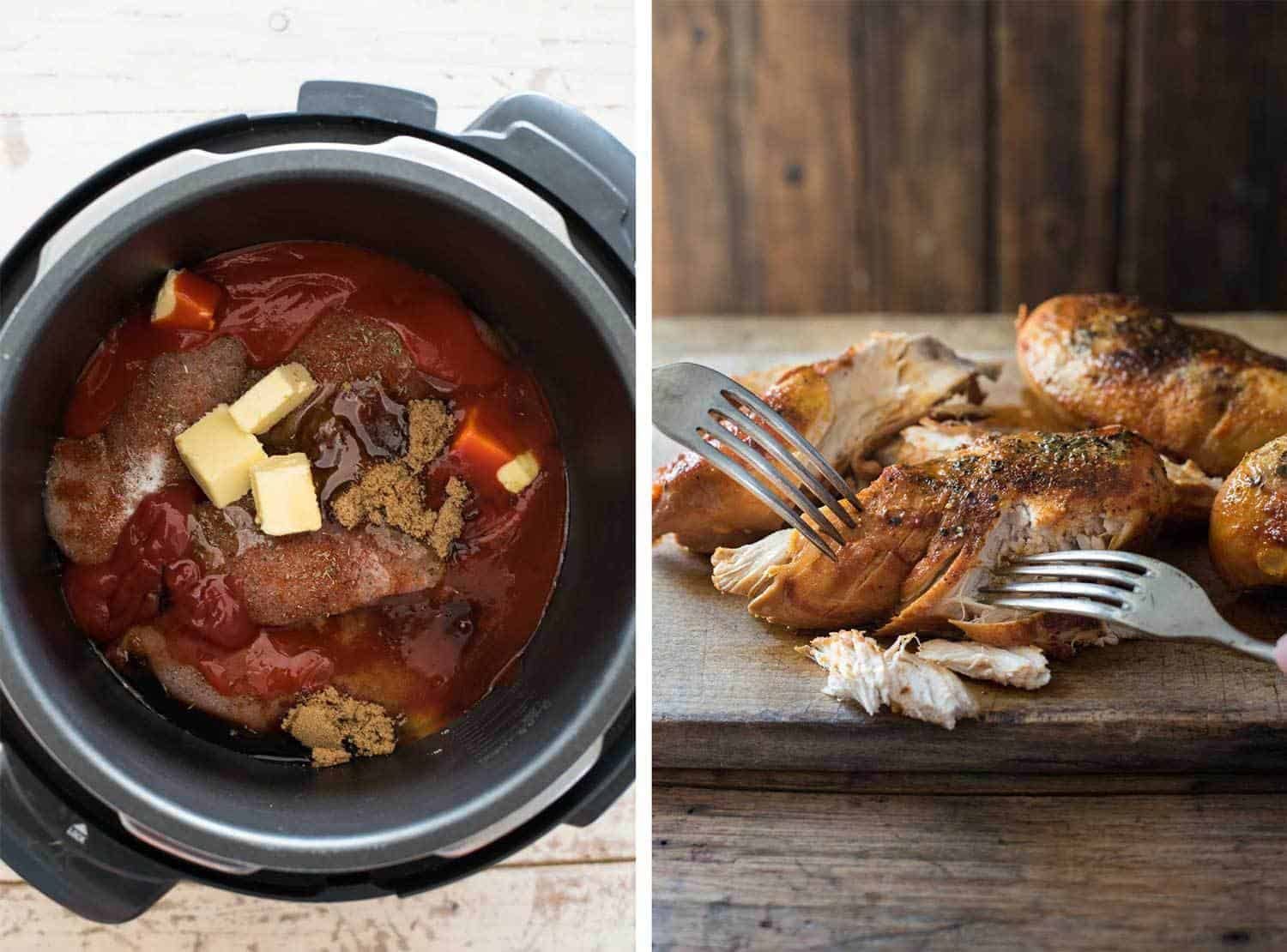 Honey Buffalo Chicken in slow cooker, and shredding cooked chicken