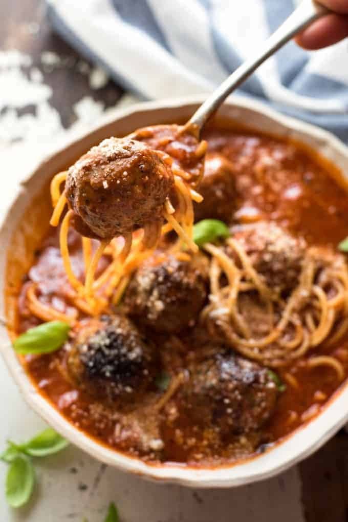 Italian Meatball Soup - Extra juicy, soft & tasty meatballs in a tomato spaghetti soup, all made in one pot!