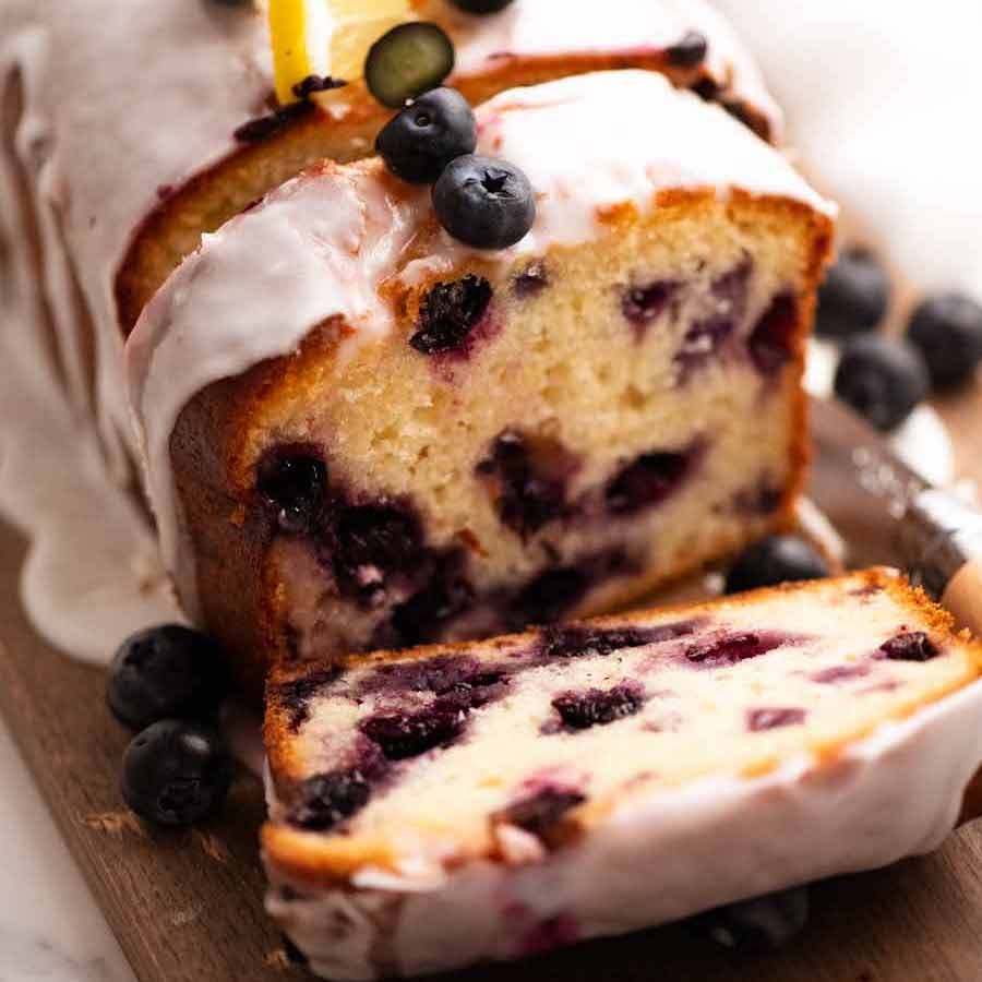 Close up of slices of Blueberry Lemon Loaf , easy blueberry recipe