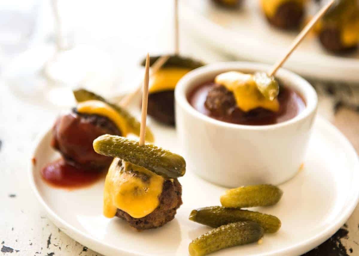 Cheeseburger Party Meatballs - tastes like a cheeseburger, in bite size form! Great for making ahead - fully assemble (inc toothpicks), 90 sec reheat in microwave. www.recipetineats.com