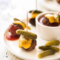 Cheeseburger Party Meatballs - tastes like a cheeseburger, in bite size form! Great for making ahead - fully assemble (inc toothpicks), 90 sec reheat in microwave. recipetineats.com