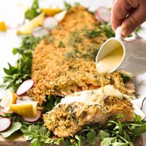 Baked Parmesan Crusted Salmon with Lemon Cream Sauce - easy and fast to make, can be prepared ahead, a stunning centrepiece for Christmas dinner and yet easy enough for midweek. That Lemon Cream sauce is the perfectly finishing tough. recipetineats.com