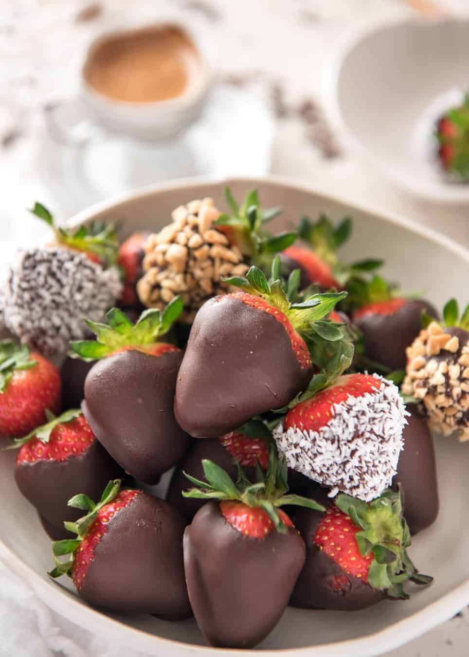 Closeup of a bowl of Chocolate Covered Strawberries