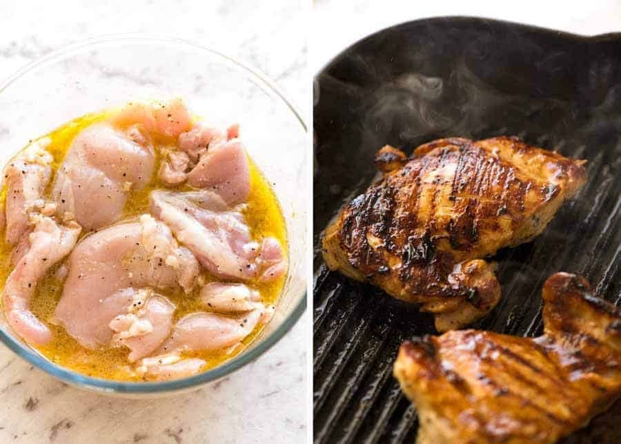 Photo of chicken fajitas being marinated and cooked in a skillet