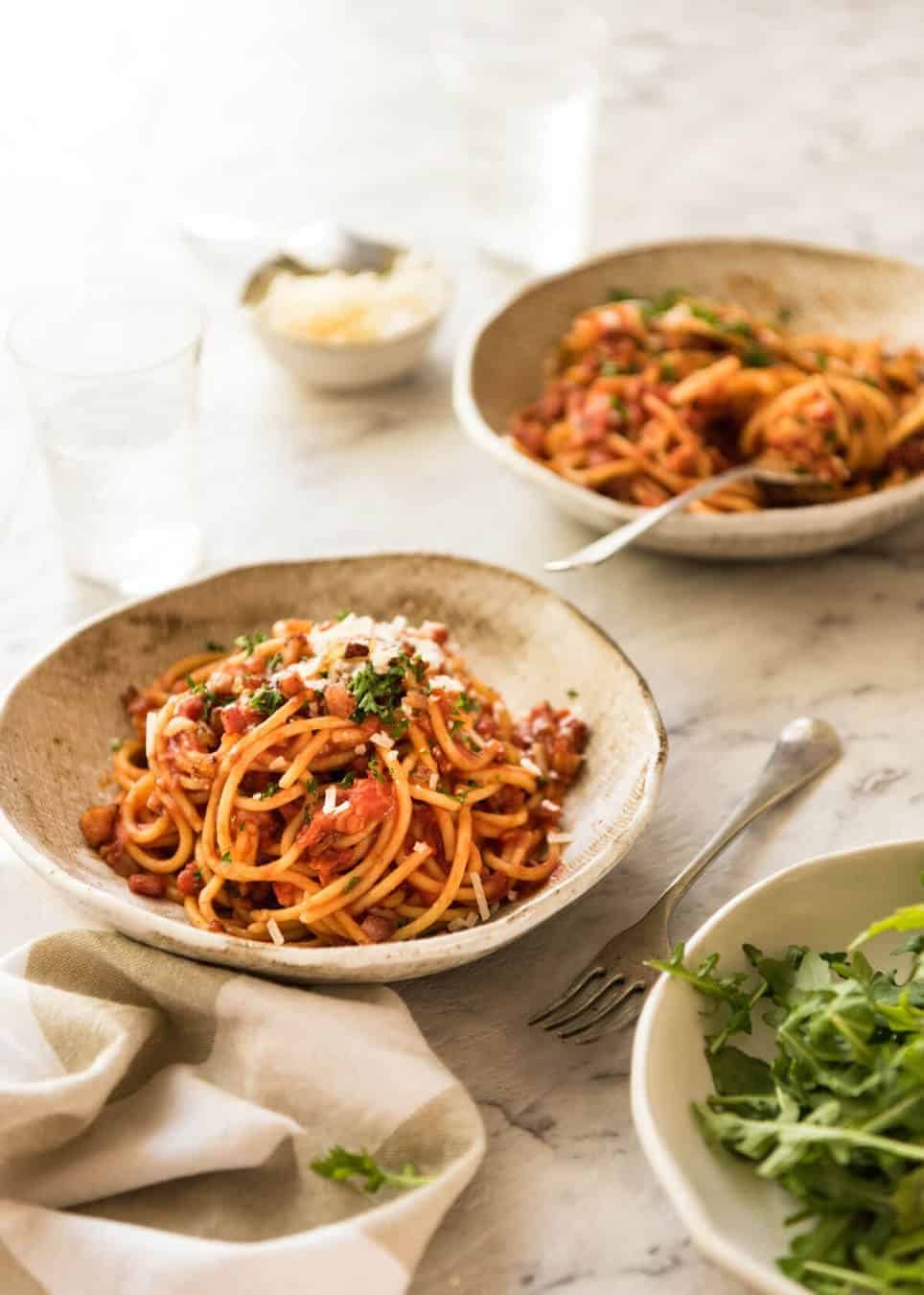 Simplicity at its best - Bacon Tomato Pasta. 5 ingredients. Utterly irresistible. recipetineats.com