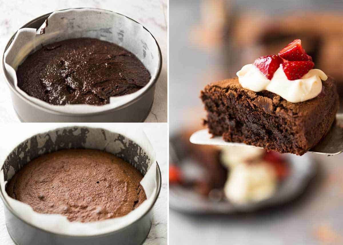 A simple Flourless Chocolate Cake made with almond meal / almond flour. Moist inside, with a thin crackly brownie-like surface. A stunning, very quick cake to make! www.recipetineats.com