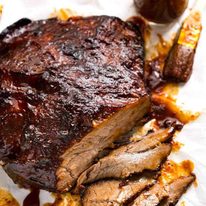 Overhead photo of Slow Cooked Beef Brisket with BBQ Sauce