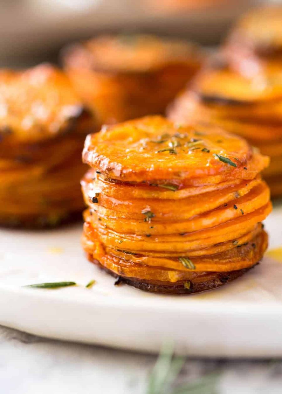 These Roasted Sweet Potato Stacks have crispy edges, are buttery, salty and sweet with a hint of rosemary. Terrific Sweet Potato side dish! recipetineats.com