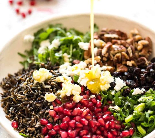 A simple white wine vinaigrette is the perfect Wild Rice Salad dressing. recipetineats.com