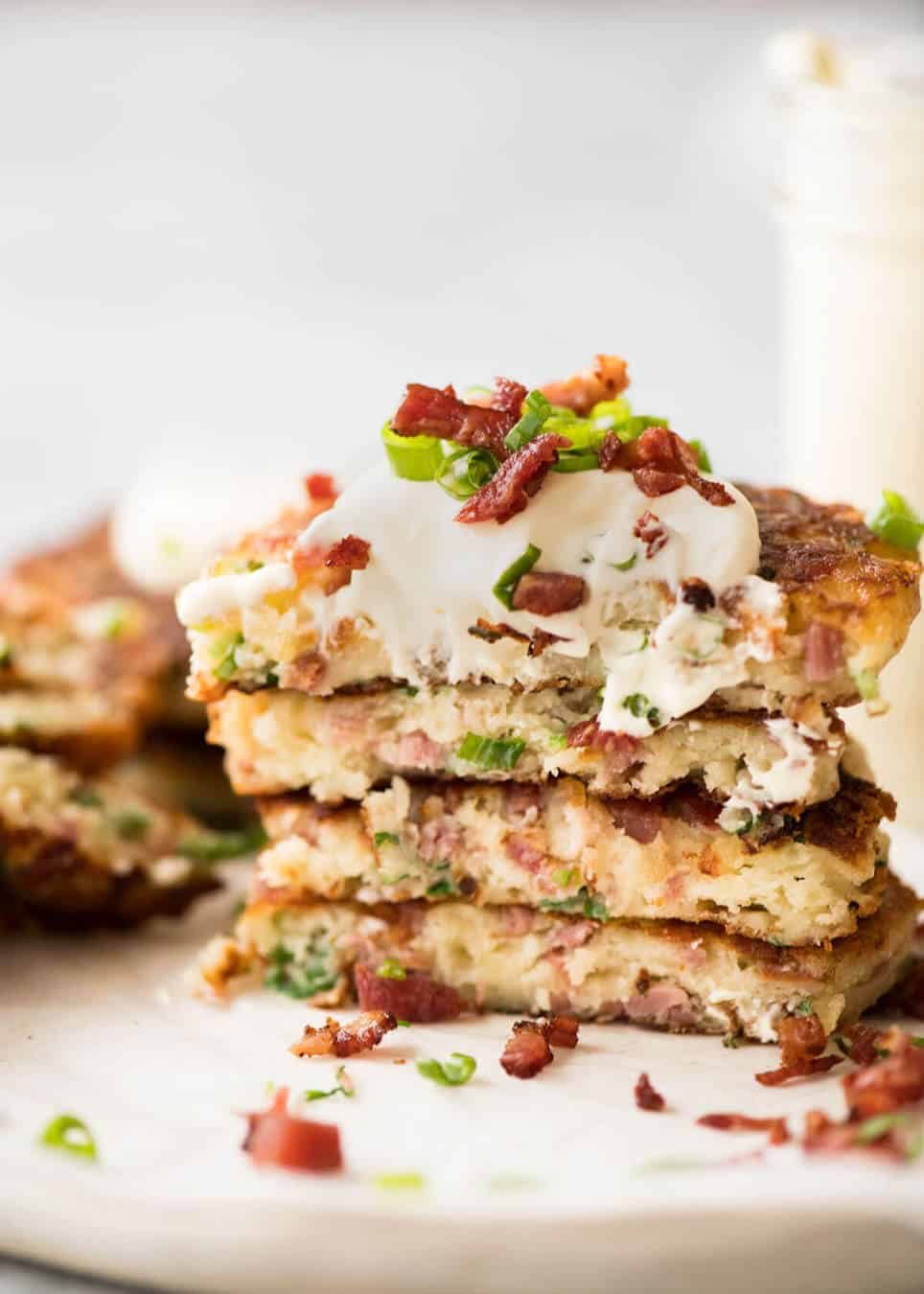Cheese and Ham Pancakes - golden crispy cheesy outsides, fluffy insides with pops of ham (or bacon). These are epic! www.recipetineats.com