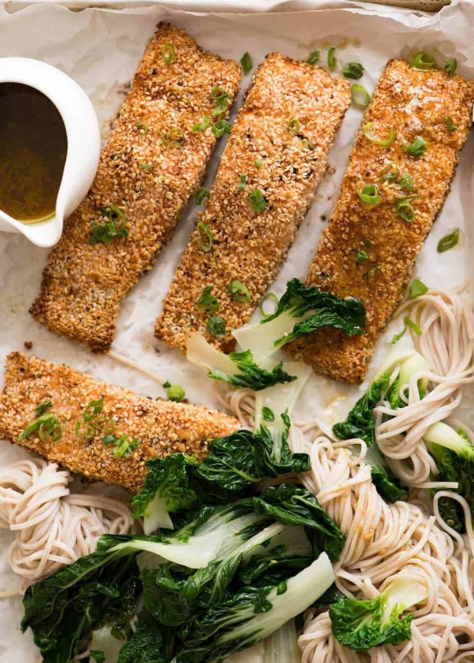Just roll the salmon in sesame seeds, drizzle with oil and bake! You'll be amazed how well the sesame adheres to the salmon and love how crispy this Sesame Salmon comes out!