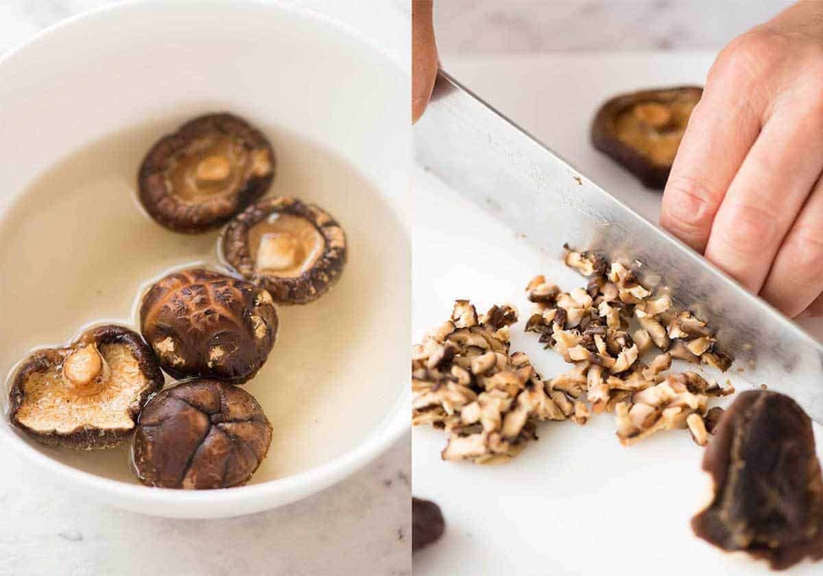 Rehydrating shiitake mushrooms and finely chopping them