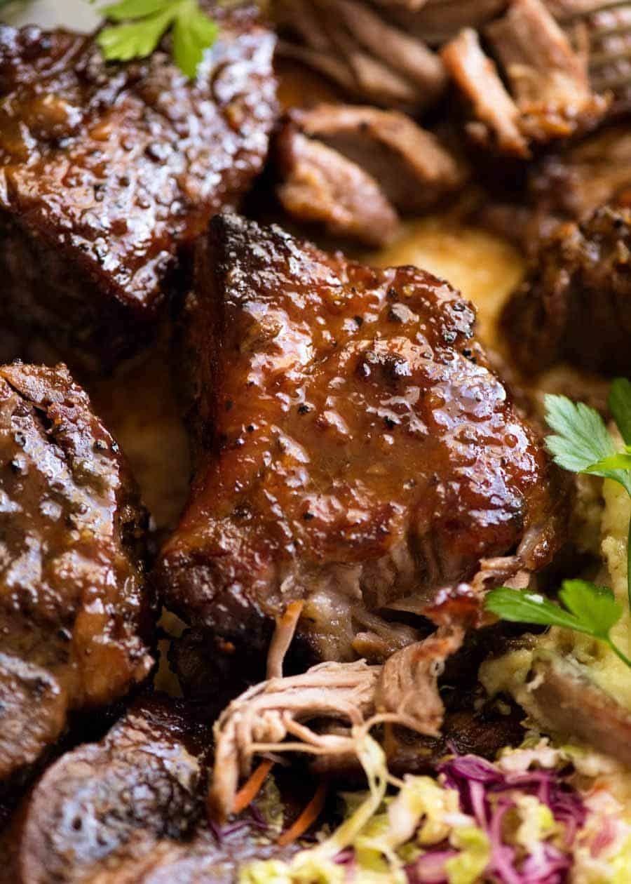 Close up of Brown Sugar Garlic Butter Roast Pork, ultra tender, ready to be served