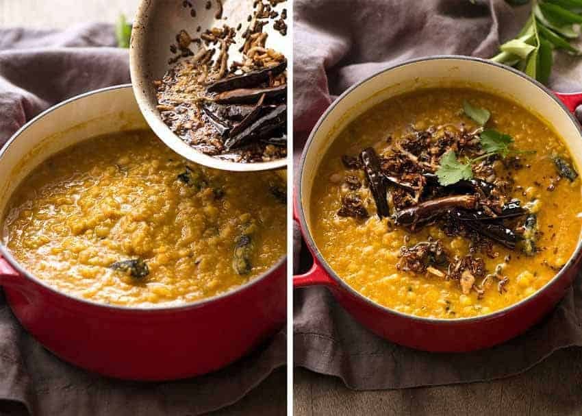 Sizzling spices being poured into Dal