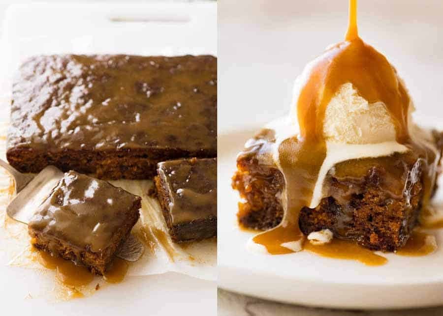 Sticky Date Pudding with butterscotch sauce being poured over