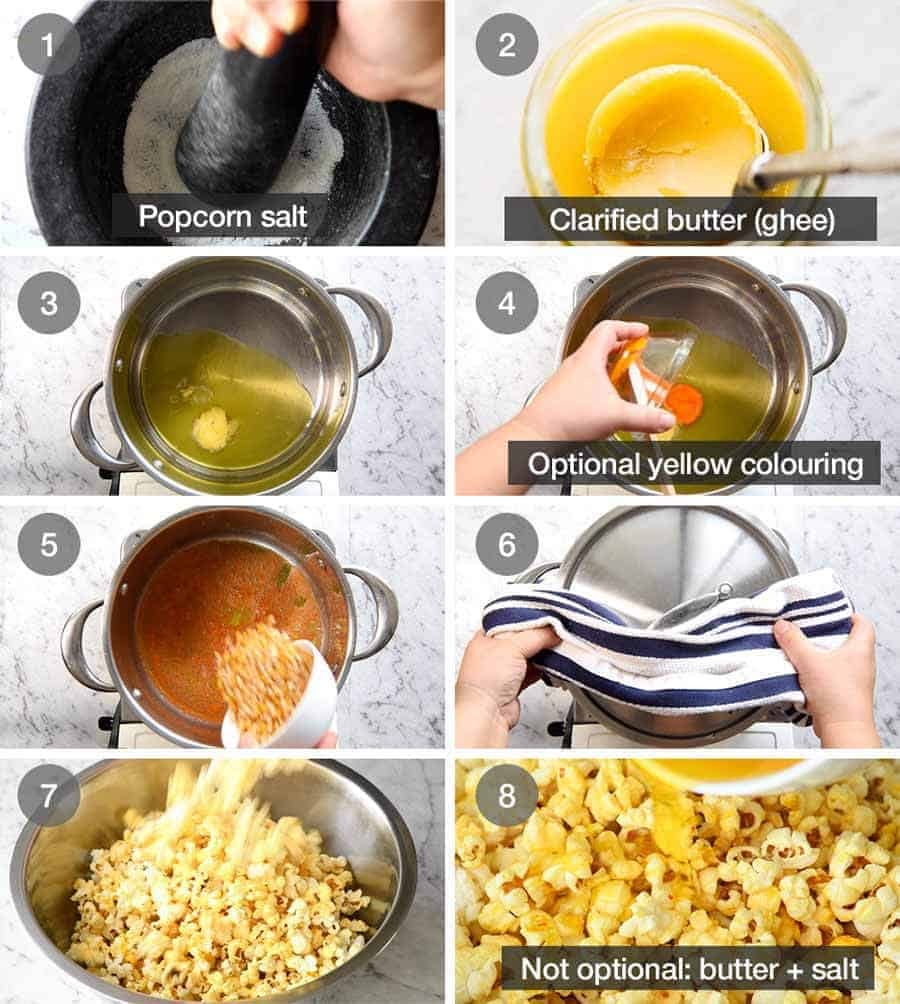 Preparation steps for how to make yellow, buttery Homemade Movie Popcorn