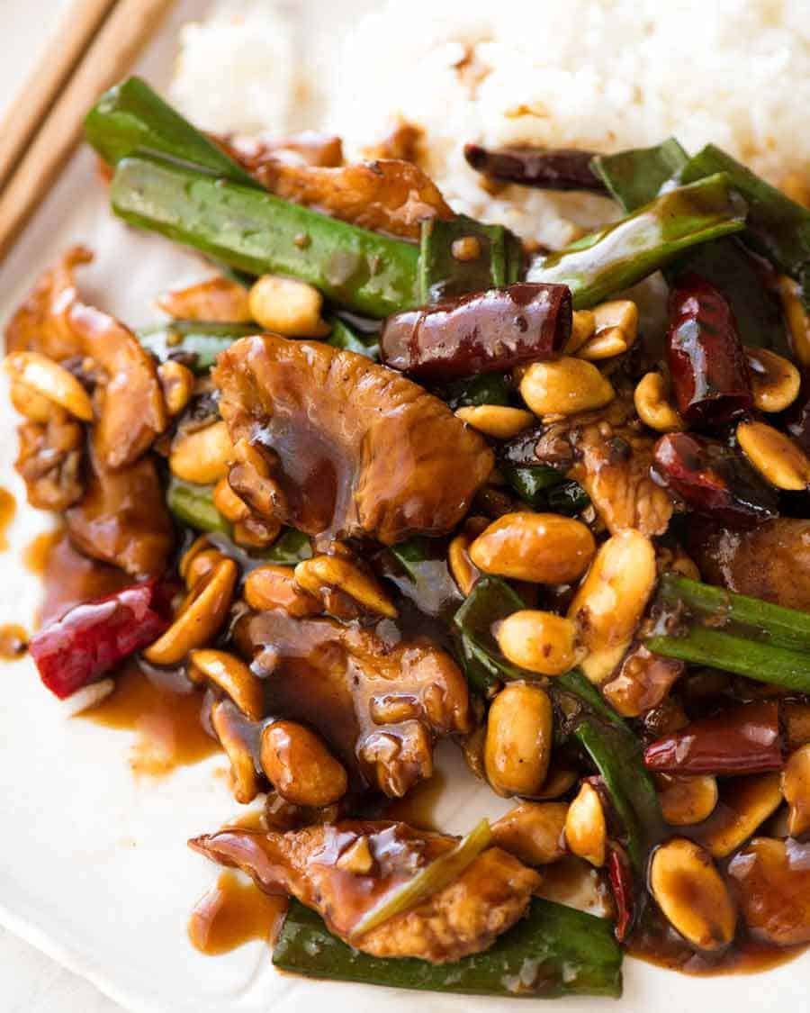 Kung Pao Chicken served over rice, ready to be eaten