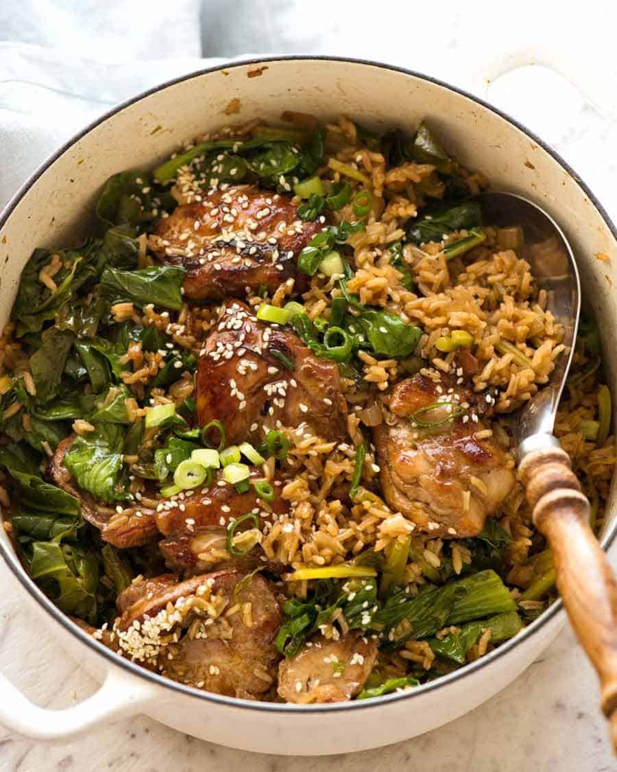 One Pot Chinese Chicken and Rice in a white pot, fresh off the stove ready to be served