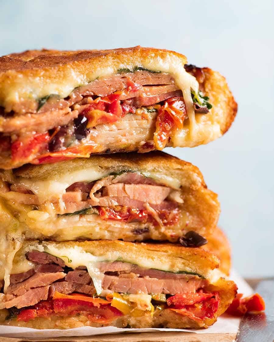 Stack of Bread Bowl Sandwich made with Christmas leftovers