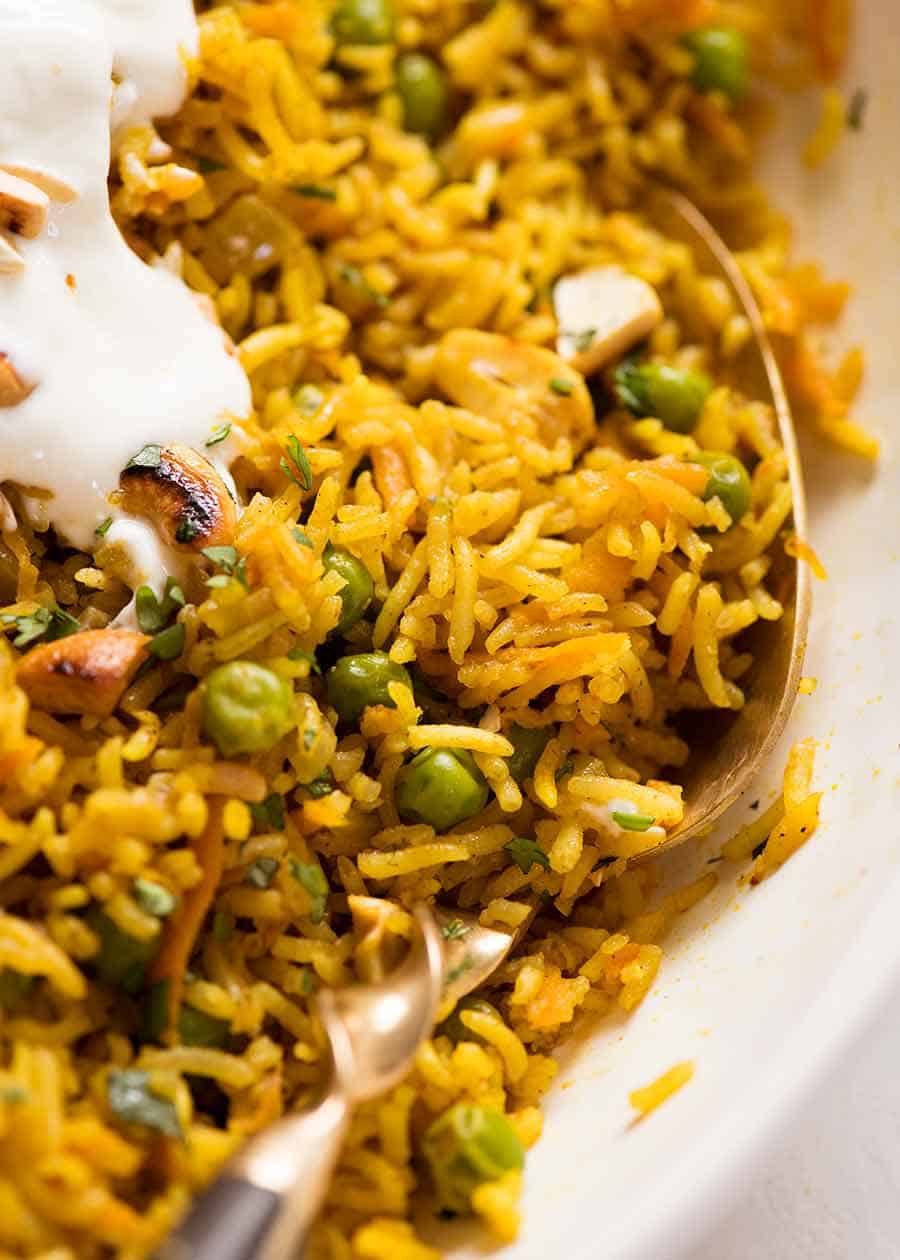 Close up of Curried Rice made with basmati rice