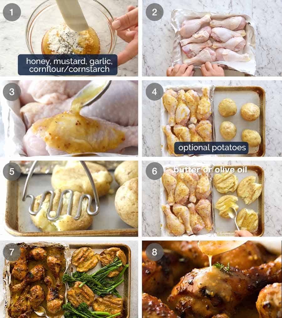 How to make Honey Mustard Baked Chicken Legs with Crispy Smashed Potatoes