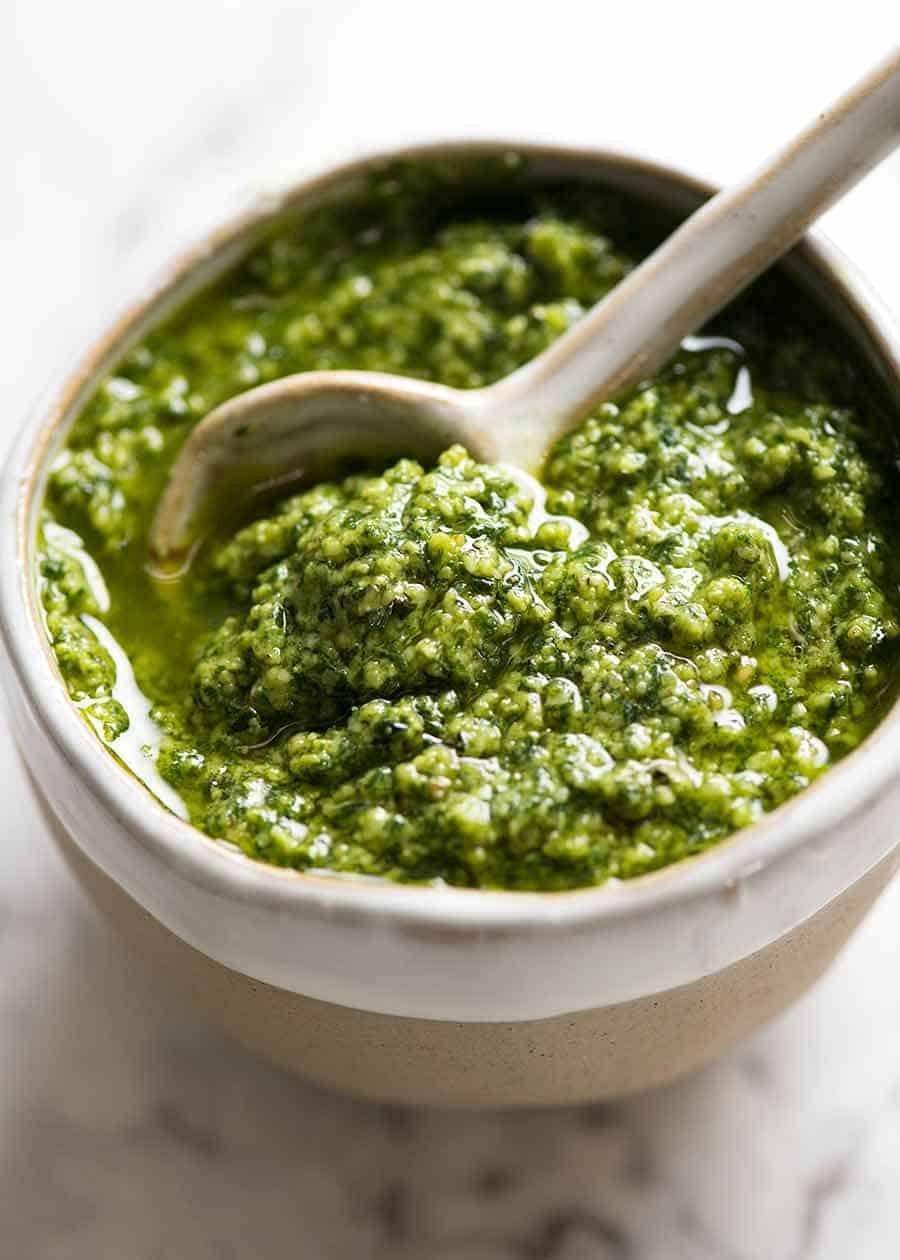 Homemade Pesto in a handmade ceramic bowl