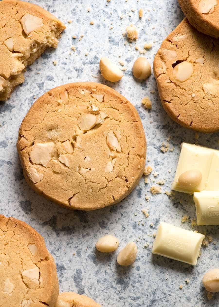 Close up overhead photo of White Chocolate Macadamia Nut Cookie