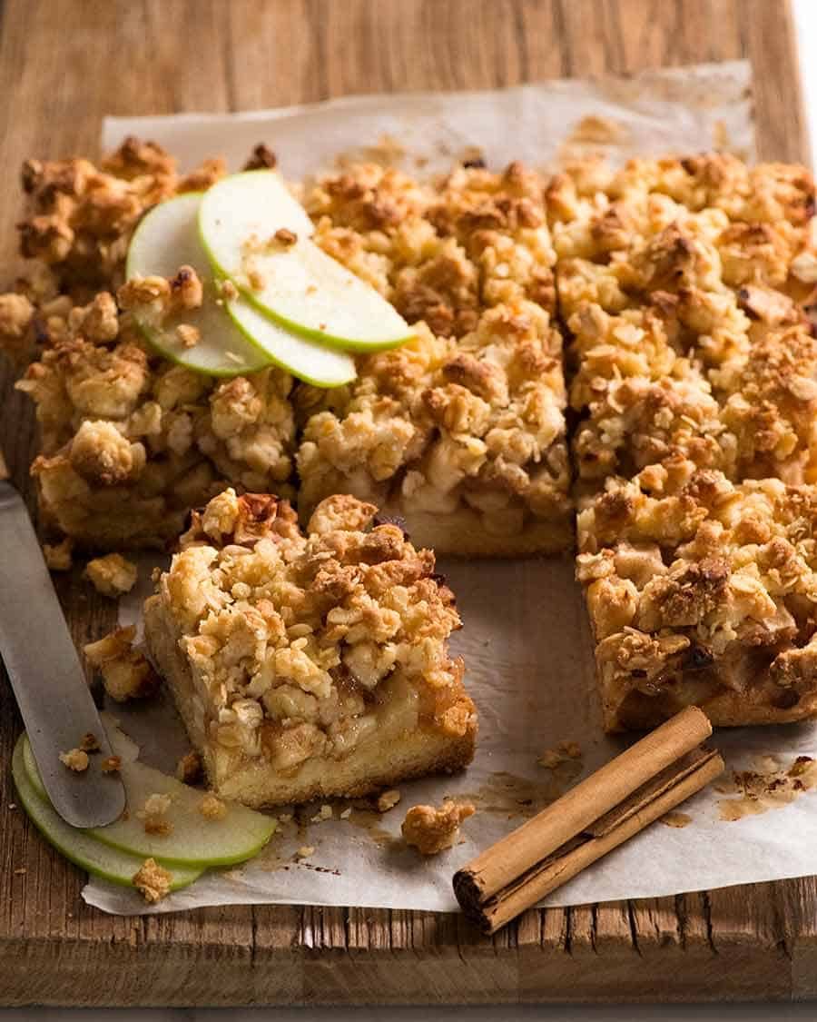 Apple Crumble Bars cut into slices, ready to be served